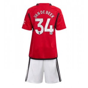 Lacne Dětský Futbalové dres Manchester United Donny van de Beek #34 2023-24 Krátky Rukáv - Domáci (+ trenírky)